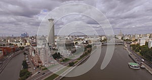 Moscow, Russia. Aerial view of Russian cultural center `Red Hills` includes a Business center `Riverside towers`, Moscow