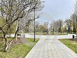 Moscow, Russia, April, 18, 2024.December Uprising Park in Moscow in cloudy spring weather