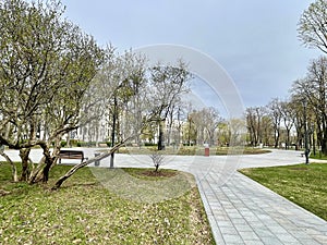 Moscow, Russia, April, 18, 2024.December Uprising Park in Moscow in cloudy spring weather