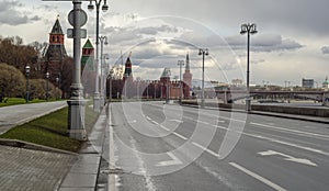 Moscow, Russia, April 5, 2020. Coronavirus Quarantine, Covid-19, in Moscow. Empty streets in the city center.