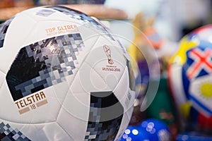 MOSCOW, RUSSIA - APRIL 30, 2018: TOP GLIDER match ball replica for World Cup FIFA 2018 mundial in the souvenir shop.