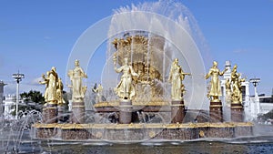 MOSCOW, RUSSIA - APRIL 23, 2019: Figures of Fountain Friendship of Nations at All-russia Exhibition Center in Moscow