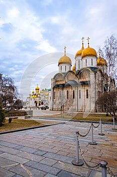 Moscow, Russia - April 10, 2022: Inside the Kremlin's wall - Ivan the Great Bell Tower in Moscow, Russia