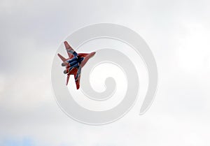 Multipurpose highly maneuverable MiG-29 fighter from the Strizhi aerobatic team over the Myachkovo airfield photo