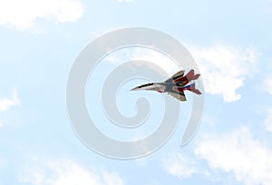 Multipurpose highly maneuverable MiG-29 fighter from the Strizhi aerobatic team over the Myachkovo airfield photo