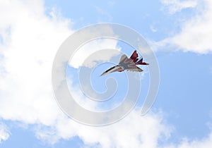 Multipurpose highly maneuverable MiG-29 fighter from the Strizhi aerobatic team over the Myachkovo airfield photo