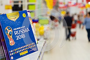 MOSCOW, RUSSIA - APRIL 27, 2018: Official album for stickers dedicated to the FIFA World Cup RUSSIA 2018 on store shelf.