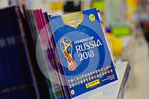 MOSCOW, RUSSIA - APRIL 27, 2018: Official album for stickers dedicated to the FIFA World Cup RUSSIA 2018 on store shelf.