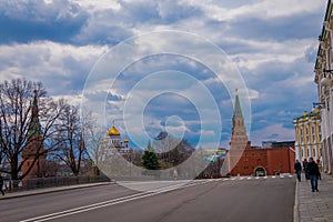 MOSCOW, RUSSIA- APRIL, 29, 2018: Outdoor view of the building of Armoury chamber and the Borovitskaya tower of the