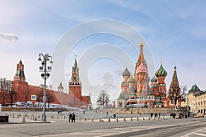Panoramic view of Moscow Kremlin with Spassky Tower and Saint Basil's Cathedral in center city on Red Square, Moscow