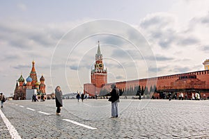 Panoramic view of Moscow Kremlin with Spassky Tower and Saint Basil's Cathedral in center city on Red Square, Moscow