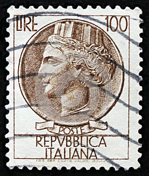 Italian stamp shows ancient coin of Syracuse, the series Syracusean Coin, circa 1968