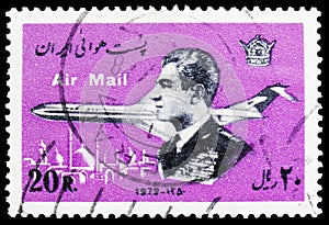 Postage stamp printed in Iran shows Shah and Douglas DC-9-80 Super Eighty, Airmail stamps serie, circa 1974