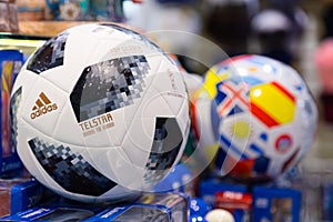 MOSCOW, RUSSIA - APRIL 30, 2018: TOP GLIDER match ball replica for World Cup FIFA 2018 mundial in the souvenir shop.
