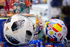 MOSCOW, RUSSIA - APRIL 30, 2018: TOP GLIDER match ball replica for World Cup FIFA 2018 mundial in the souvenir shop.