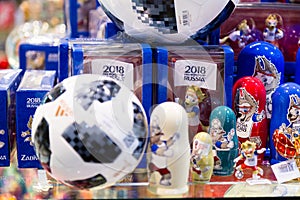 MOSCOW, RUSSIA - APRIL 30, 2018: TOP GLIDER match ball replica for World Cup FIFA 2018 mundial in the souvenir shop.