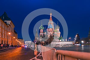 MOSCOW, RUSSIA - APRIL 30, 2018: View of St. Basil`s Cathedral on Red Square and frontal place. Evening, before sunset.