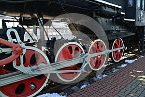 Moscow, Russia - April 1.2017. The wheels of the locomotive P-001 in Museum of History of Railway Transport Development