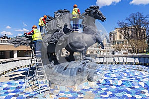 MOSCOW, RUSSIA-12 APRIL: Workers conduct preparation for a summe