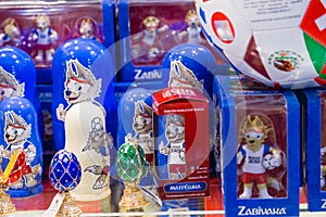 MOSCOW, RUSSIA - APRIL 30, 2018: Zabivaka is the official mascot of the 2018 FIFA World Cup mundial. Souvenir shop shelf.