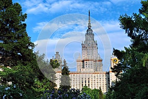 Campus buildings of famous Moscow university under dramatic cloudy sky in summer