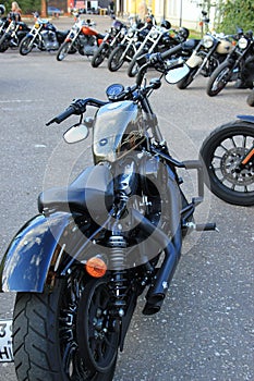 Moscow, Russia - August 29, 2020: Harley Davidson sportster motorcycles on a parking. Moto festival