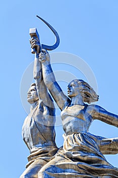 Moscow, Russia - August 01, 2018: Monument Worker and collective farm girl closeup on a blue sky background on VDNH in Moscow