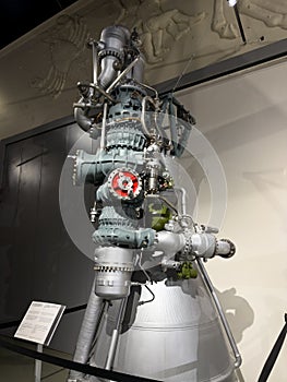 Moscow, Russia, August 14, 2025: NK-33 liquid rocket engine displayed at VDNH space exhibition. Advanced Soviet engine, known for