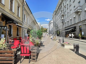 Moscow, Russia, August, 16, 2023. Outdoor veranda of bar Kolbasa on Zabelina Street