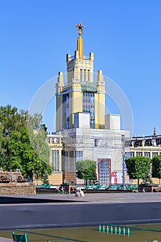 Moscow, Russia - August 01, 2018: Pavilion Grain on Exhibition of Achievements of National Economy VDNH in Moscow against green