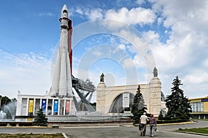 MOSCOW, RUSSIA - AUGUST 10 2014: Russian spaceship Vostok 1, monument of the first soviet rocket at VDNH. astronautics