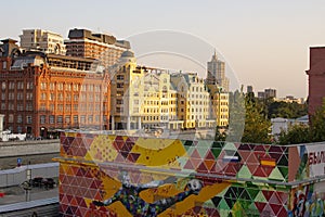 Moscow, Russia - August 25, 2022: View of Buildings of confectionery factory Red October on Bersenevskaya embankment