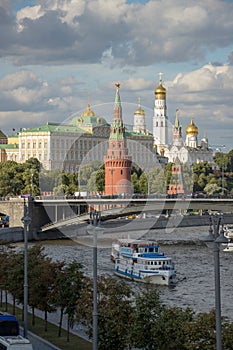 Moscow, Russia, August 13, 2018 - view of the Moscow Kremlin, the Big Stone bridge and the Moscow-river from the Patriarchal