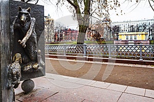Moscow, Russia, Bas Relief on Krylov`s fable near Patriarch`s ponds.