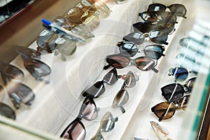 Moscow, Russia, 02.02.2019: Beautiful sunglasses on display, great design for