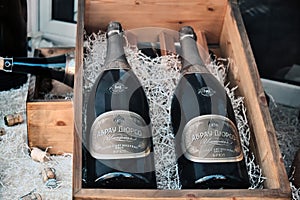 Moscow / Russia 06 07 2019: bottles of champagne Abrau Durso on the store shelf. Shop window with Russian sparkling wine