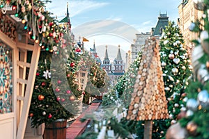 Moscow, Russia. Christmas fair on Red Square. Festively decorated Red Square in snow. Christmas Market