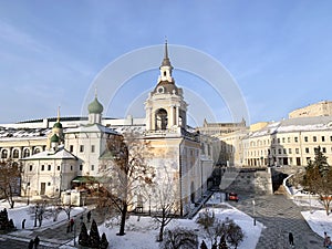 Moscow, Russia, December, 04, 2022. Bell tower of Znamensky monastery and church of Maxim the blessed 1698-1699 years built on V