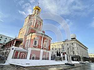 Moscow, Russia, December, 04, 2022. Monument to the Greek enlighteners brothers Ioannikiy and Sophroniy Likhuds in winter. Moscow.