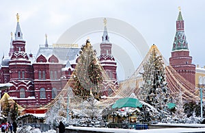 Moscow, Russia - December 16,2023: Manezhnaya Square. Historical Museum. New Year.