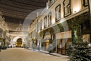 Moscow, Russia - December 17, 2022: Tretyakovsky passage in the center of Moscow is decorated with New Year and Christmas