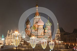 Moscow, Russia - December 30, 2020:  Cathedral of Vasily the Blessed Moscow before Christmas and New Year. Kremlin and Red Square,