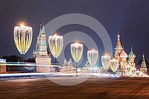 Moscow, Russia - December 30, 2020:  Cathedral of Vasily the Blessed and Spasskaya Tower. Winter Moscow before Christmas and New Y