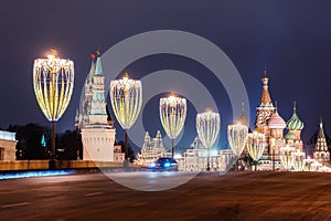 Moscow, Russia - December 30, 2020:  Cathedral of Vasily the Blessed and Spasskaya Tower. Winter Moscow before Christmas and New Y