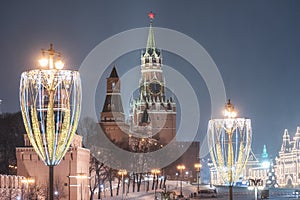 Moscow, Russia - December 30, 2020: Spasskaya Tower. Winter Moscow before Christmas and New Year. Kremlin and Red Square, Moscow,