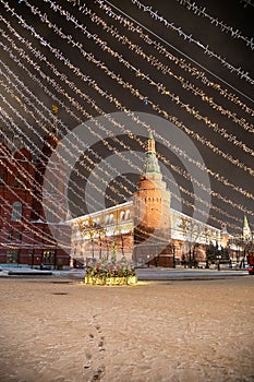 Moscow, Russia - December 7, 2022: Big Christmas tree. New Year decorations and Christmas atmosphere on a winter street in Moscow