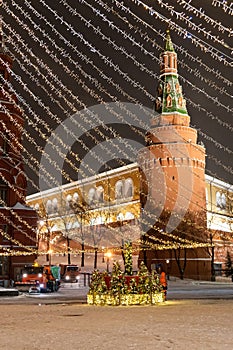 Moscow, Russia - December 7, 2022: Big Christmas tree. New Year decorations and Christmas atmosphere on a winter street in Moscow