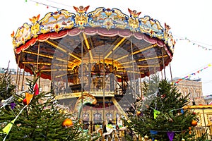 MOSCOW, RUSSIA - December, 2017 : Carousel in the center of Moscow, established in the framework of the Festival `Journey to Ch