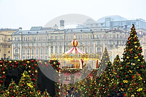 MOSCOW, RUSSIA - December, 2017 : Carousel in the center of Moscow, established in the framework of the Festival `Journey to Ch
