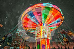 Moscow, Russia - December 5, 2017: Christmas tree and carousel Trade House GUM on Red Square in Moscow, Russia